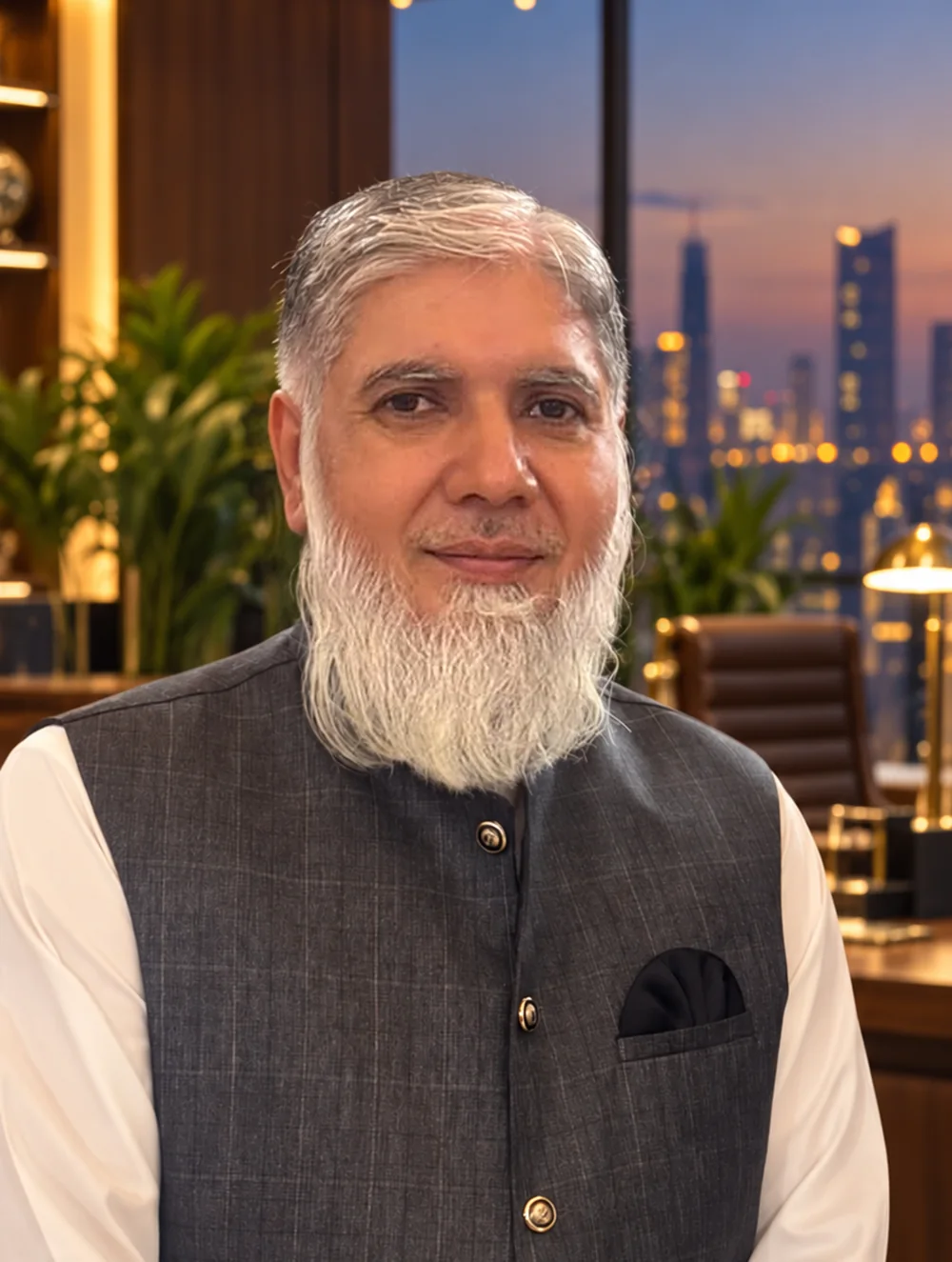 Muhammad Tuyyab Bukhari in a charcoal waistcoat in a modern Lahore office